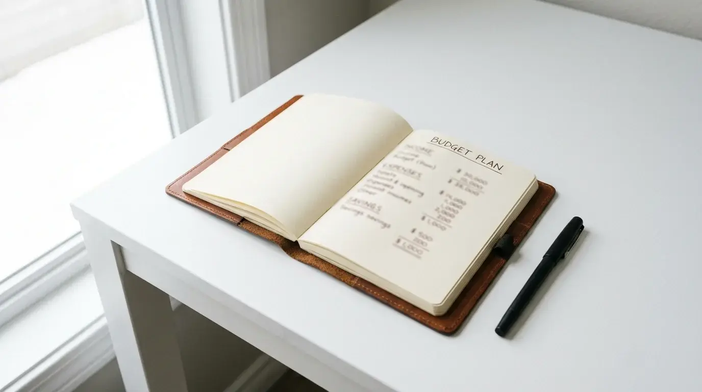 Notebook with a handwritten budget plan and a pen on a clean desk