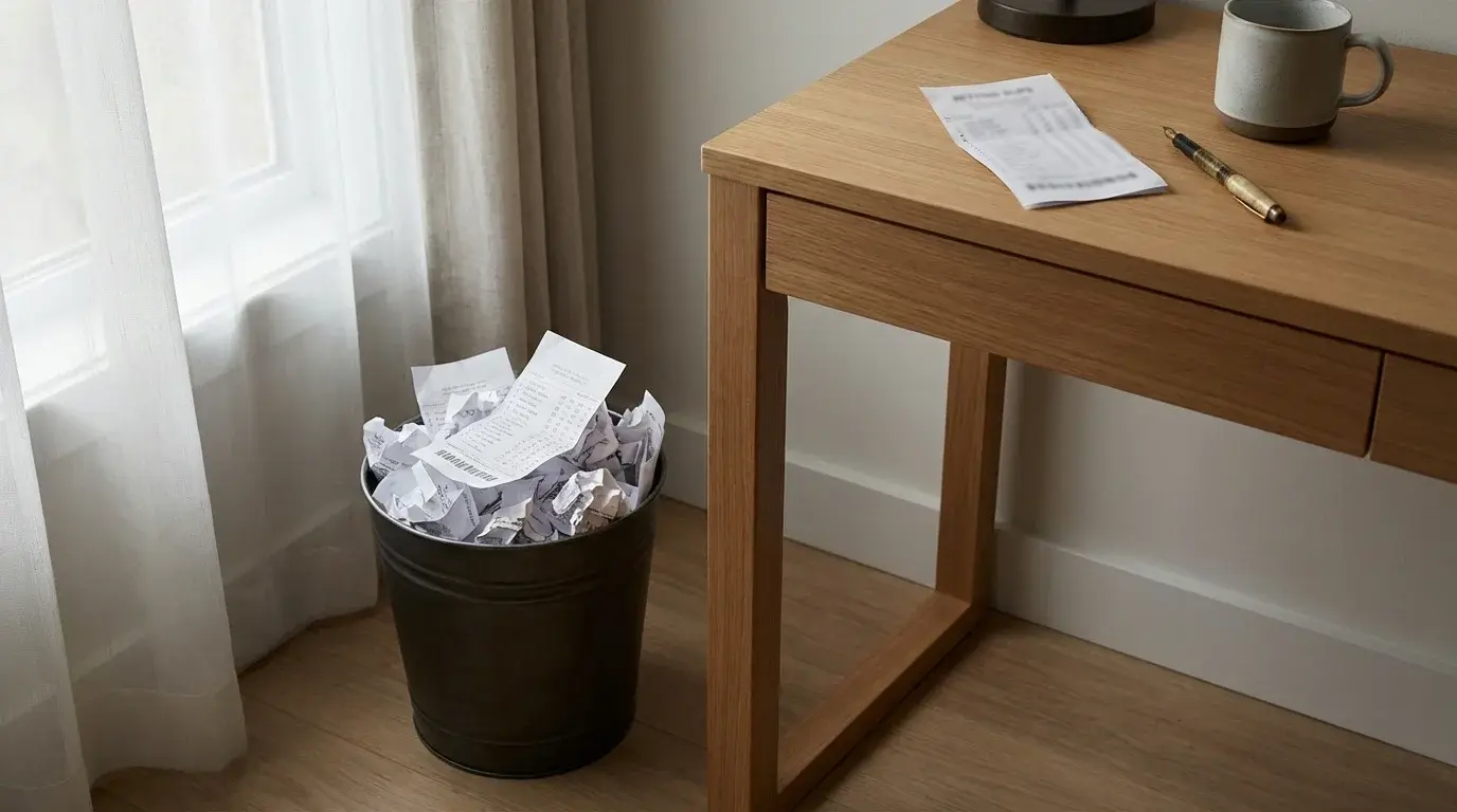 Crumpled paper betting slips in a waste bin beside a clean desk