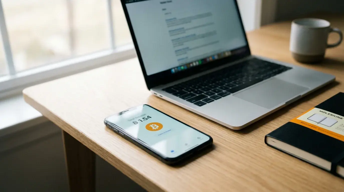 Smartphone showing a cryptocurrency wallet app next to a laptop on a desk