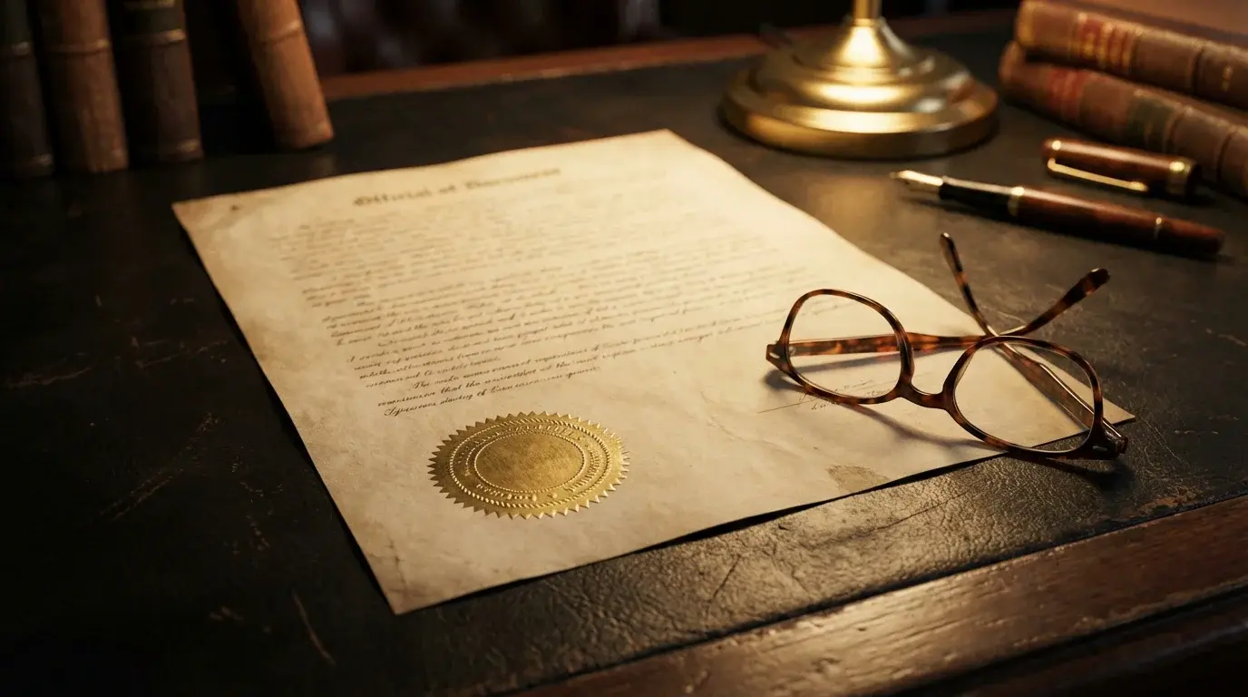 Official document with a seal on a desk representing an offshore gambling licence