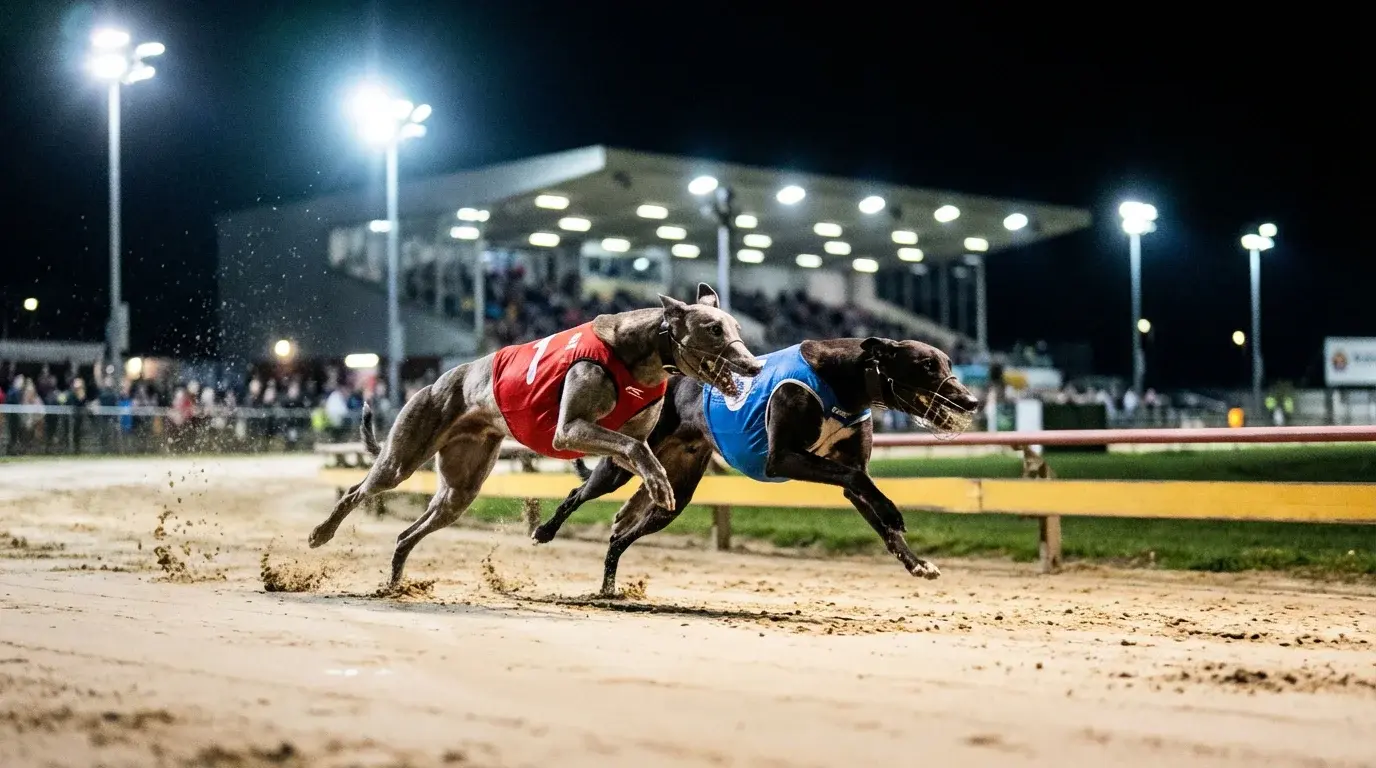Two greyhounds racing neck and neck approaching the finish line on a floodlit sand track