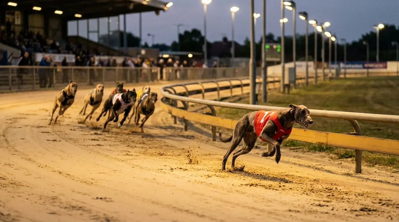 Greyhound leading the pack at the first bend of a sand track under floodlights