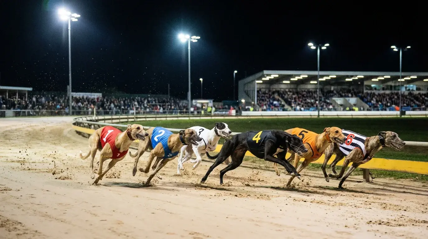 Six greyhounds racing around the first bend of a floodlit track during an evening meeting