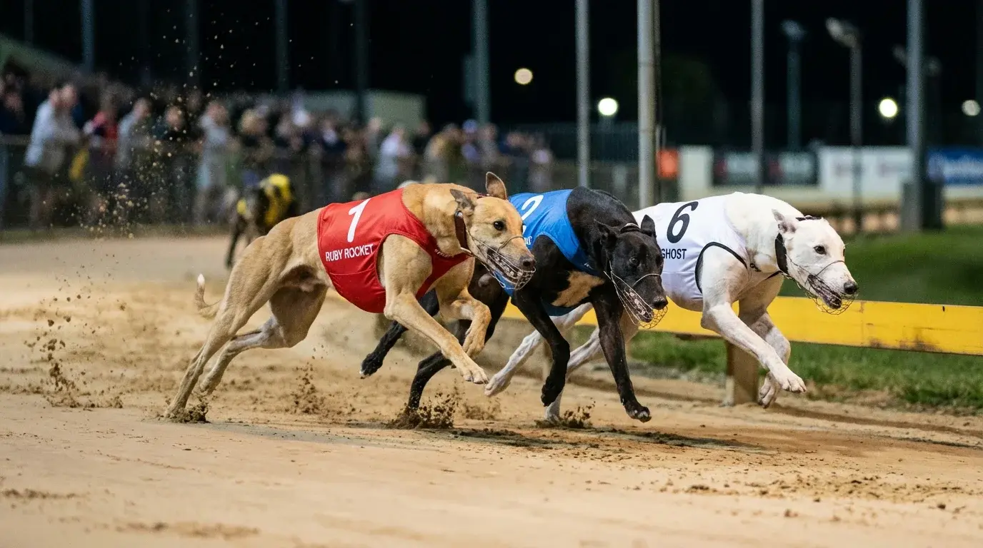 Three greyhounds in coloured jackets crossing the finish line in close order on a sand track