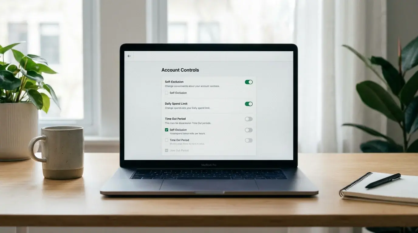 Laptop screen showing a self-exclusion settings page with toggle switches