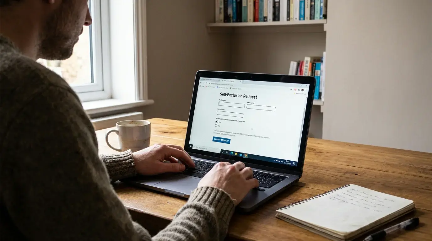 Laptop screen displaying a self-exclusion confirmation page with a person sitting at a desk