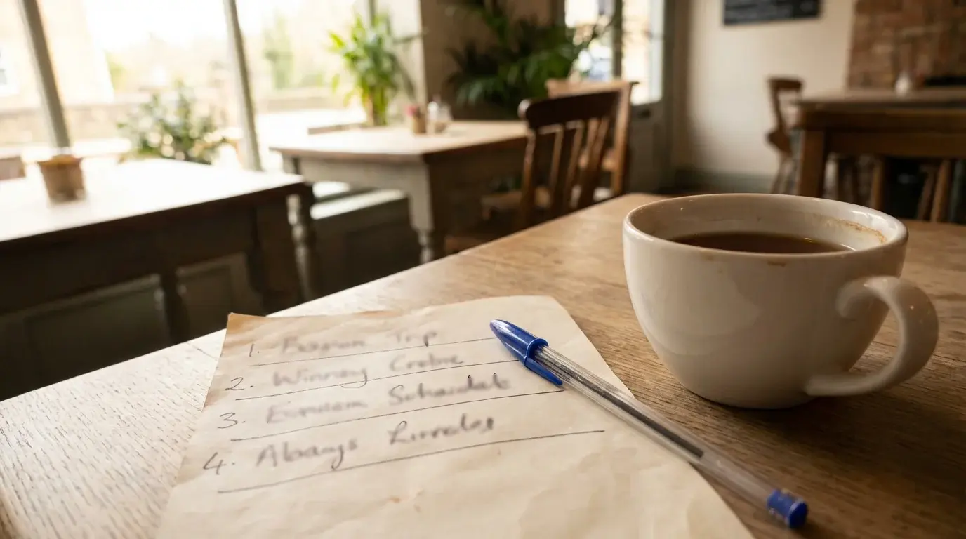 Paper betting slip with multiple greyhound race selections written on it beside a cup of tea