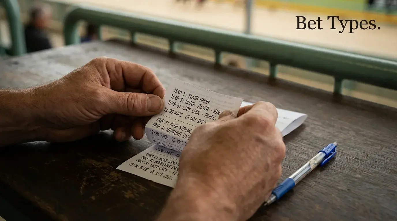 Guide to greyhound bet types including win, forecast, tricast, each-way, and accumulator bets