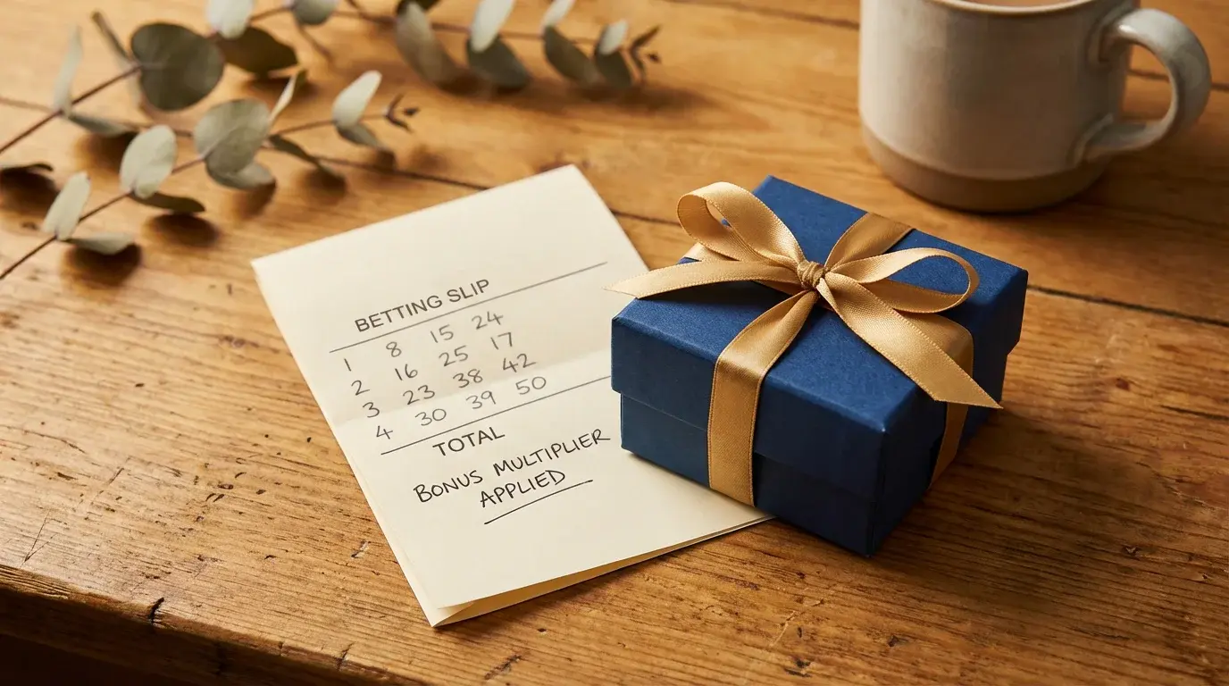 Gift box with a ribbon on a desk next to a printed betting slip symbolising a bonus offer