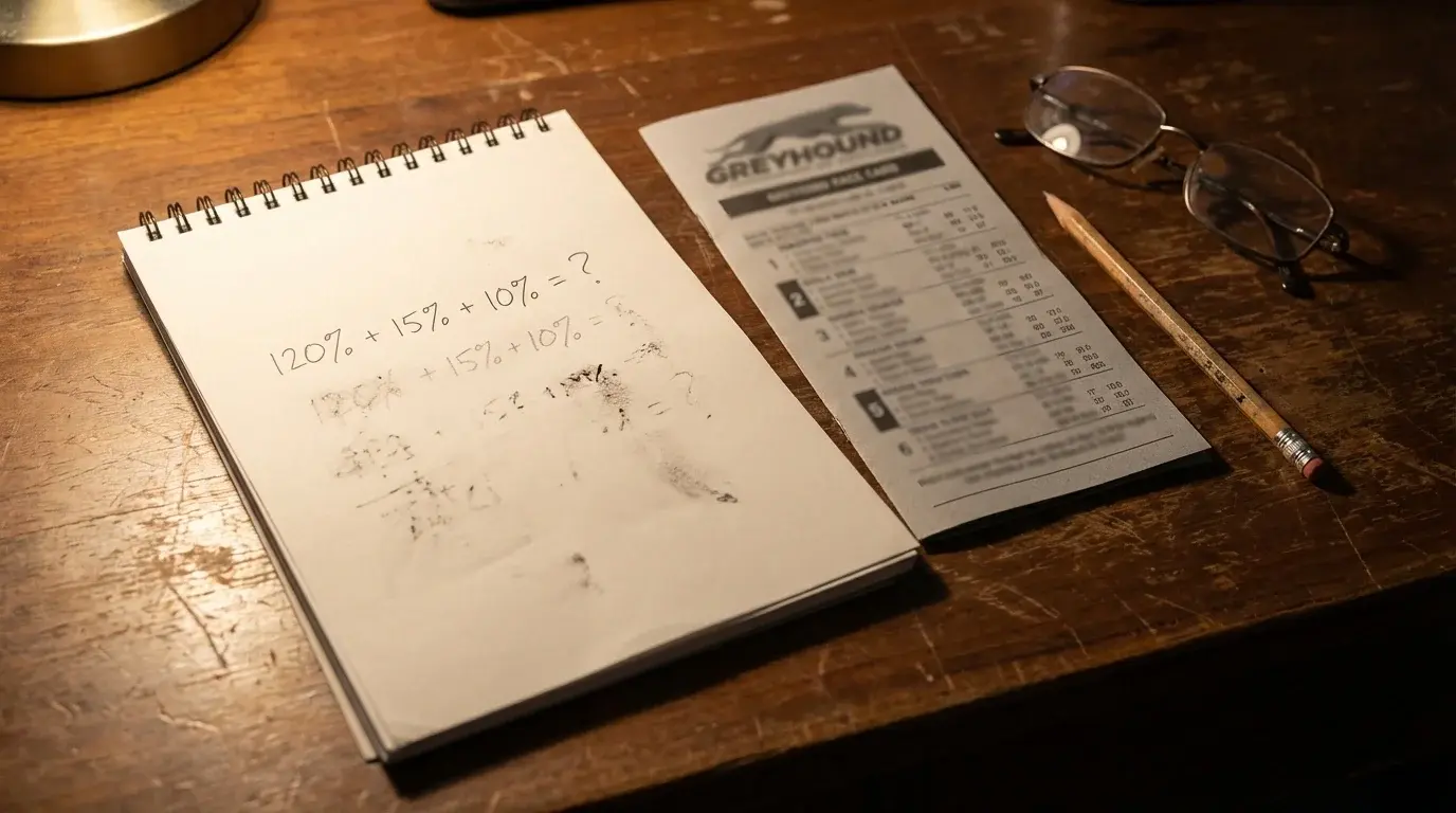Notepad with a simple percentage calculation written by hand next to a printed race card