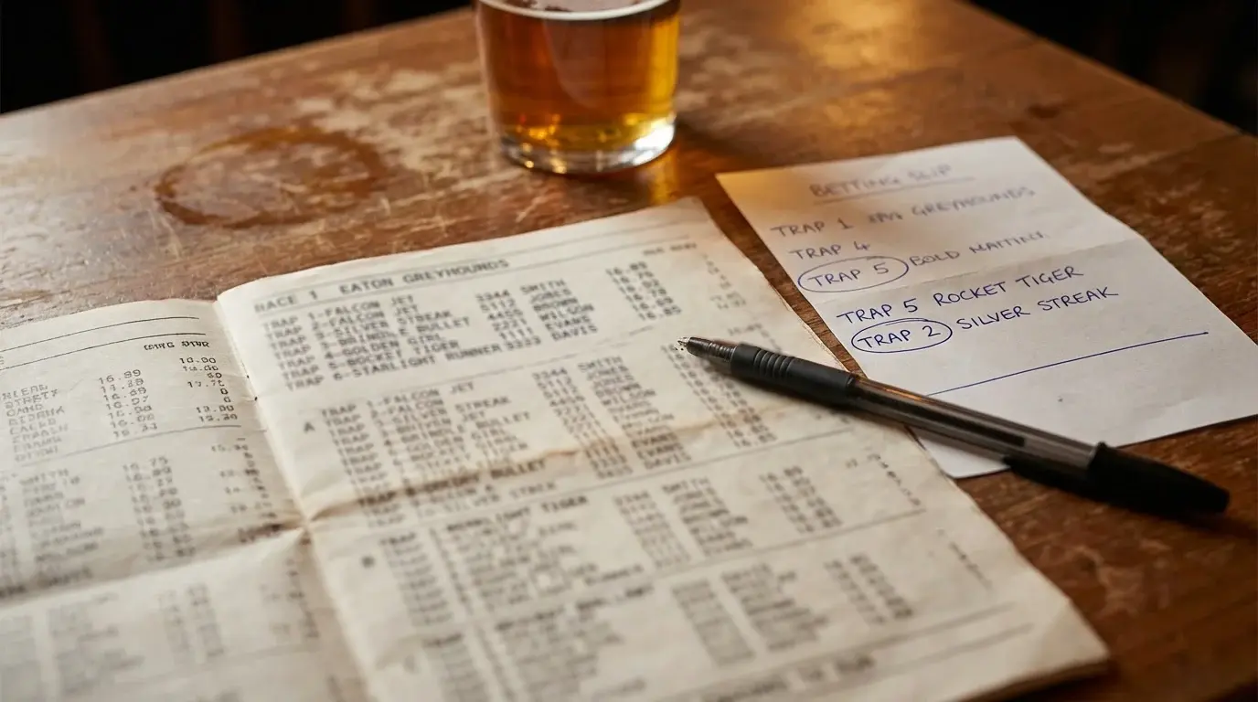 Close-up of a printed greyhound race card next to a betting slip on a wooden table