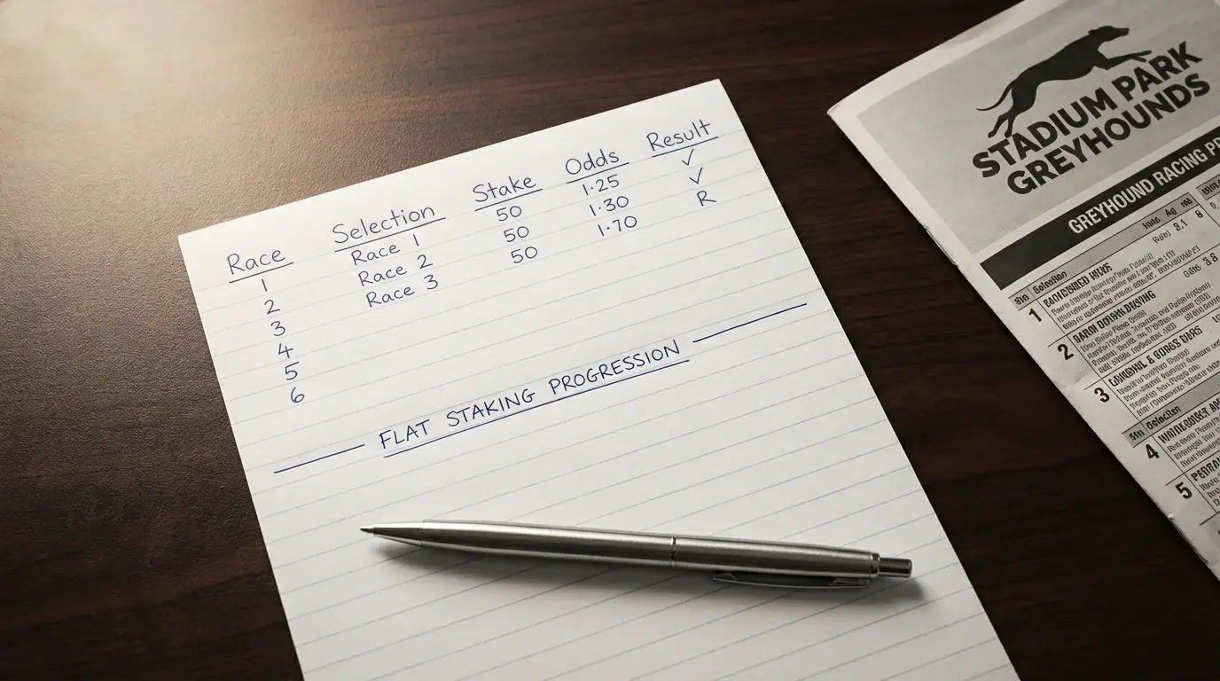 Notepad with a written staking plan and a pen resting on a table next to a greyhound programme