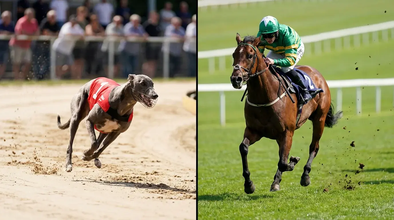 Split image showing a greyhound on a sand track and a racehorse on turf side by side