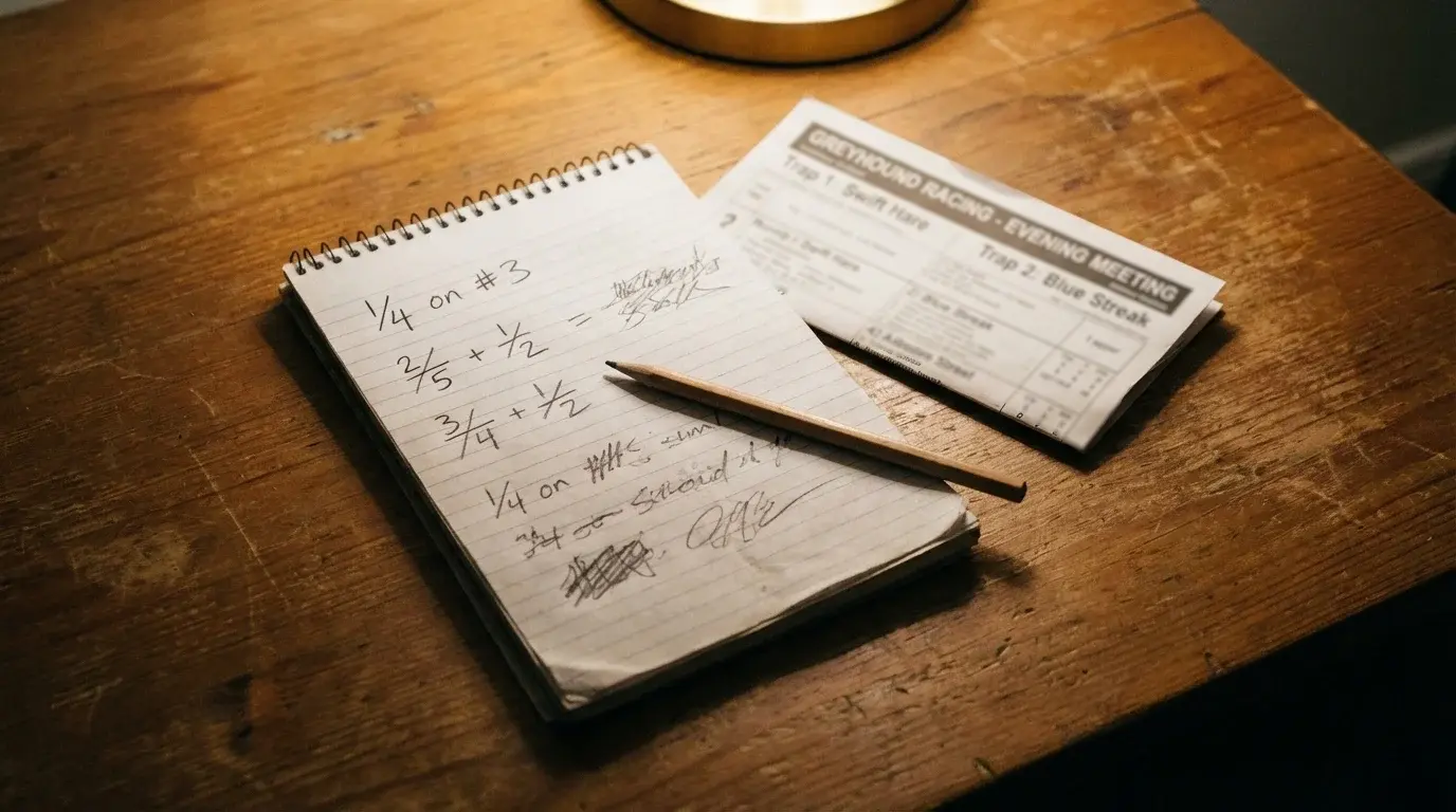Notepad with stake calculations written by hand next to a printed greyhound race card