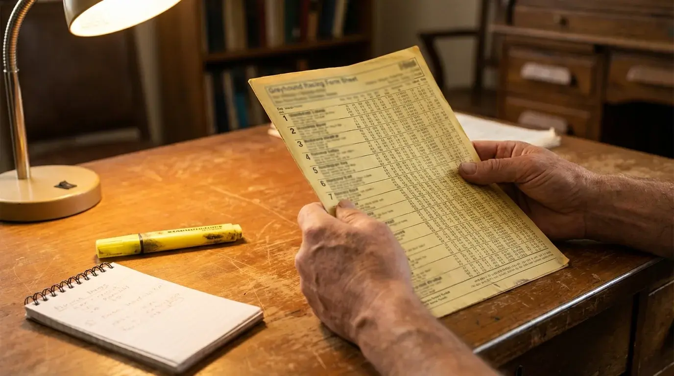 Person studying a greyhound race form sheet with notes and a highlighter on a desk
