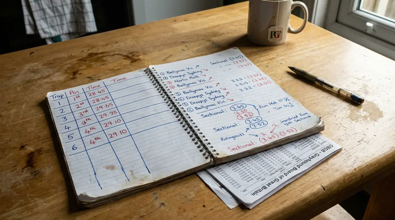 Notebook with handwritten greyhound form analysis notes and sectional times beside a cup of tea