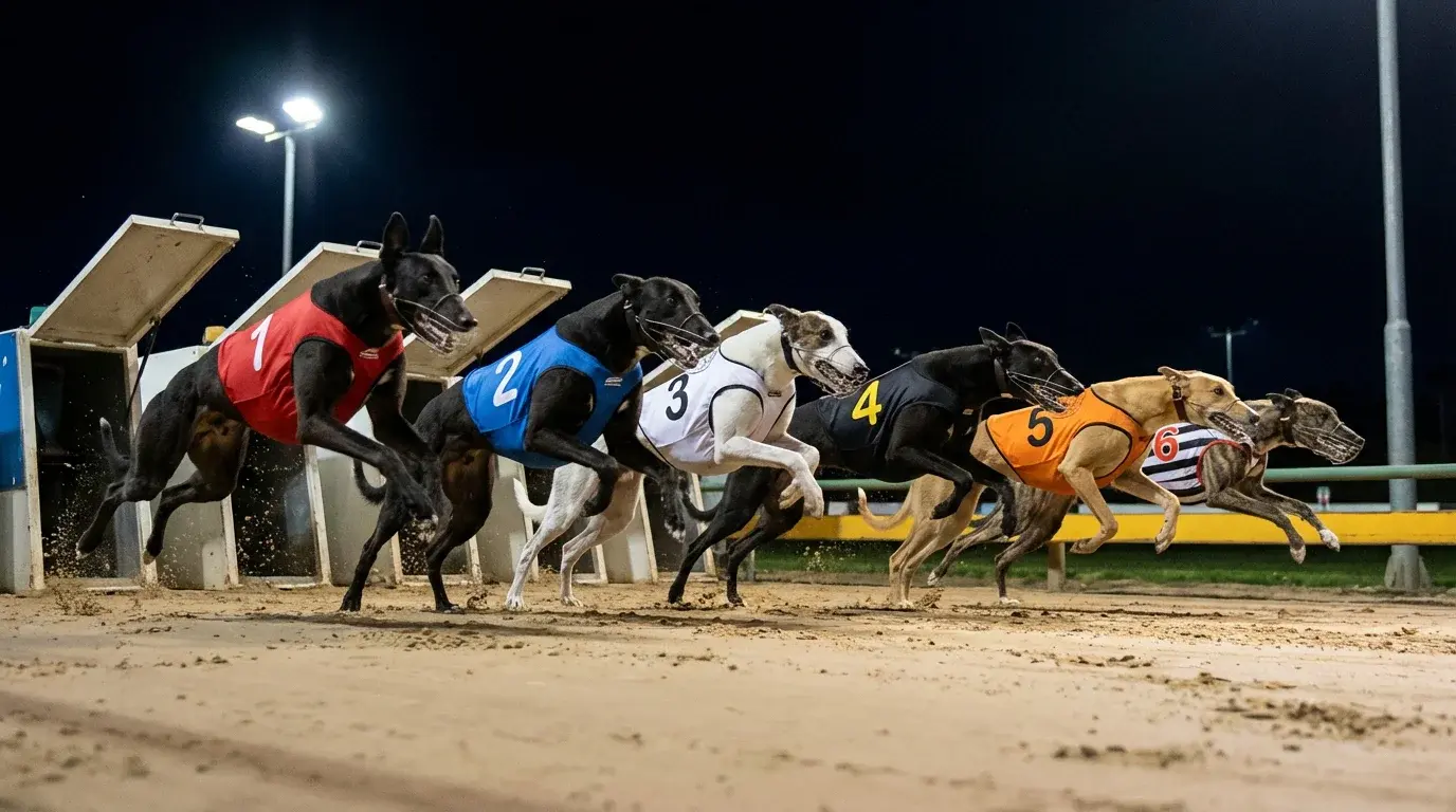 Greyhounds bursting out of starting traps at the beginning of a race under floodlights