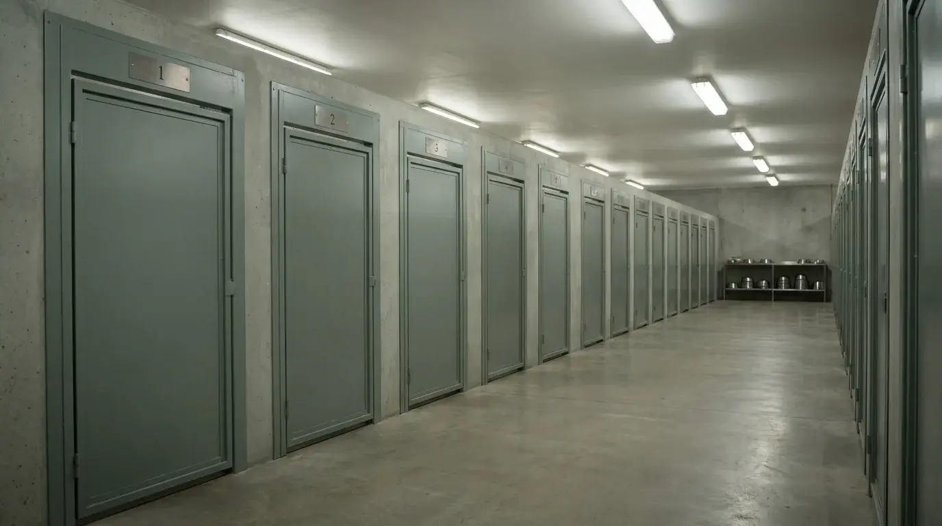 Row of greyhound kennel doors with numbered plates in a racing kennel building