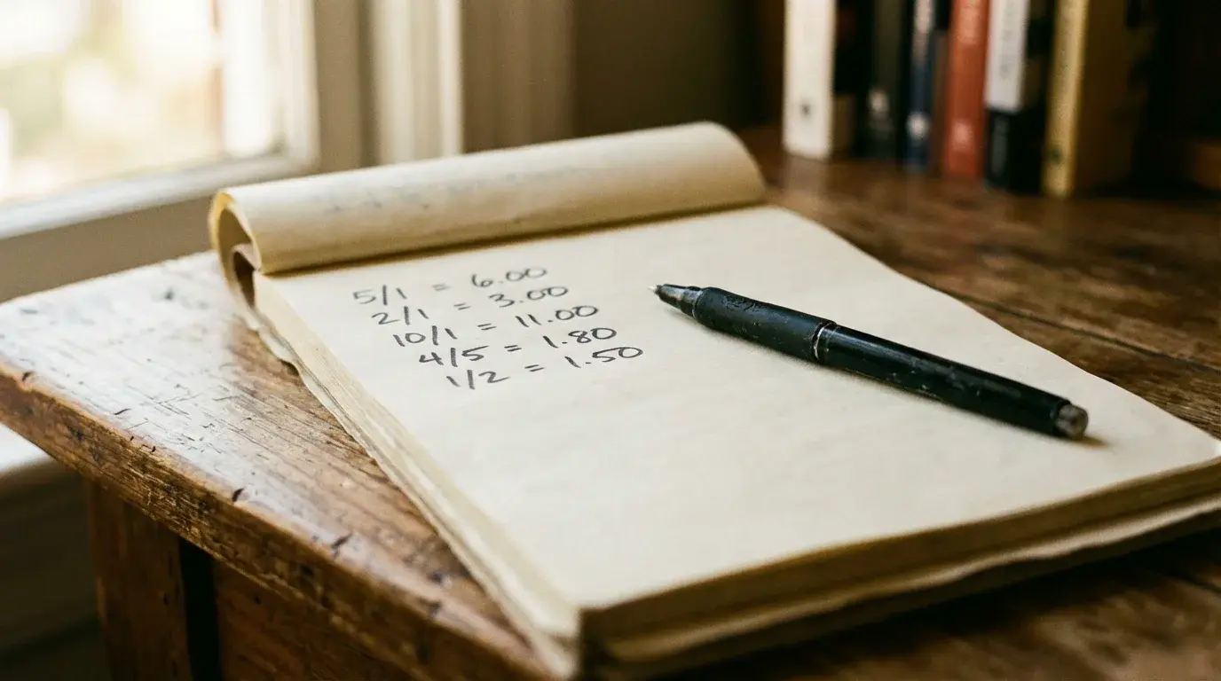 Notepad with handwritten odds conversions and a pen on a wooden table