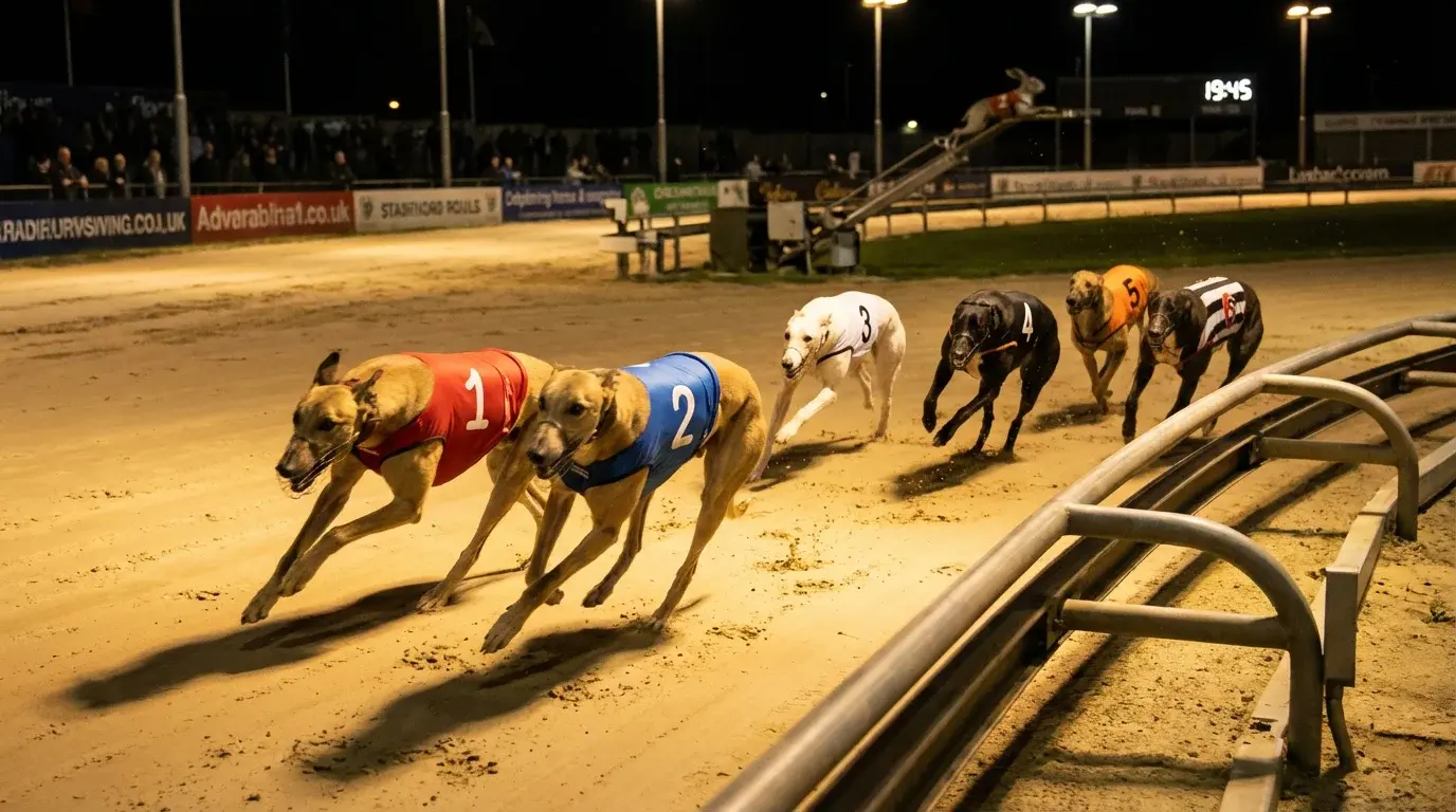 Greyhound dogs racing towards the first bend under floodlights at a UK track