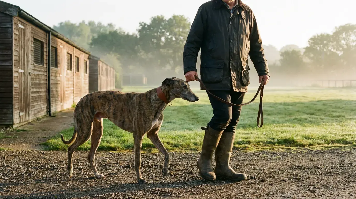 Greyhound trainer walking a racing dog on a lead past kennel buildings in morning light