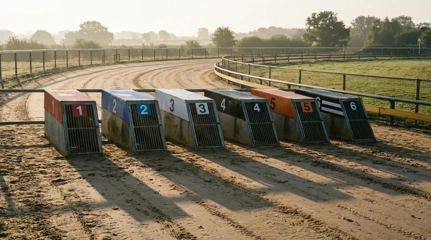 Six empty greyhound starting traps numbered one to six on a sand track viewed from a low angle