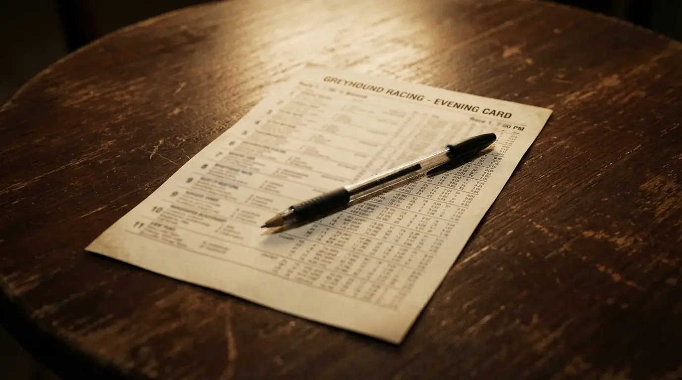 Close-up of a printed greyhound race card on a table with a pen resting beside it under warm indoor light