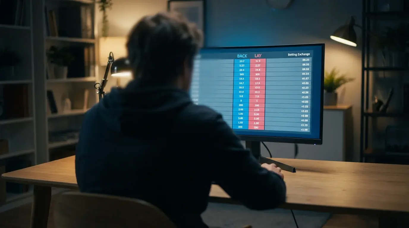 Person viewing a betting exchange screen on a monitor showing back and lay columns