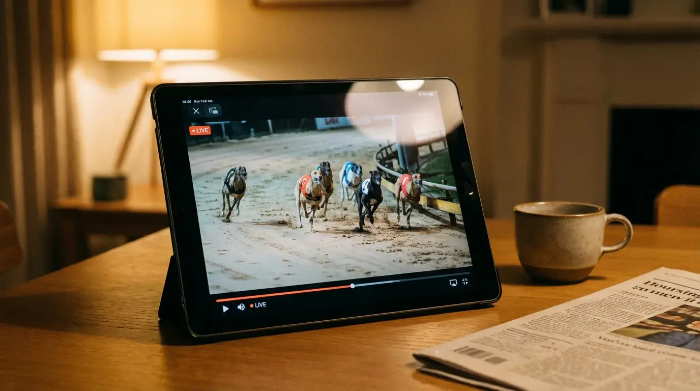 Tablet screen showing a live greyhound race stream propped up on a table