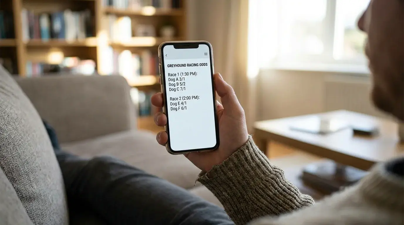 Person holding a smartphone showing a greyhound betting app with race odds on screen