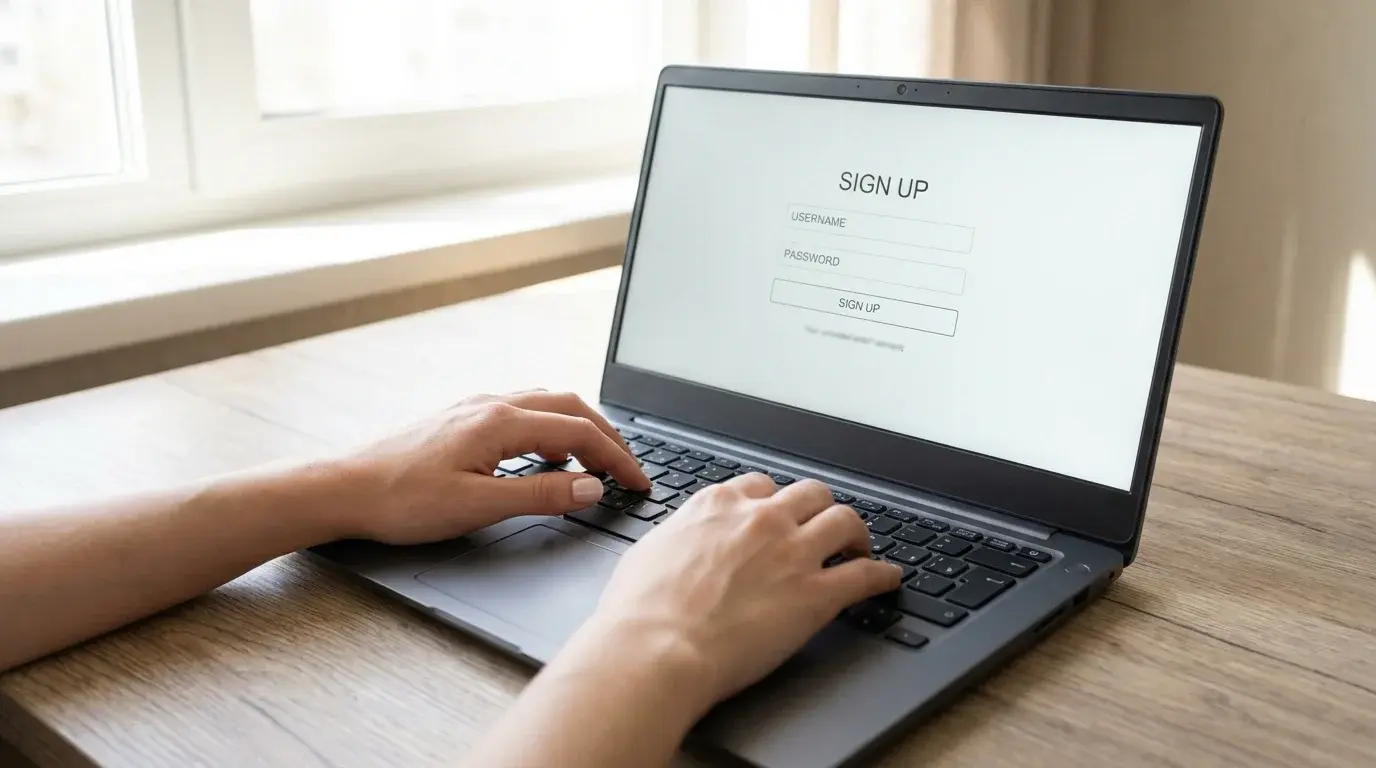 Person signing up on a laptop with a simple registration form on screen