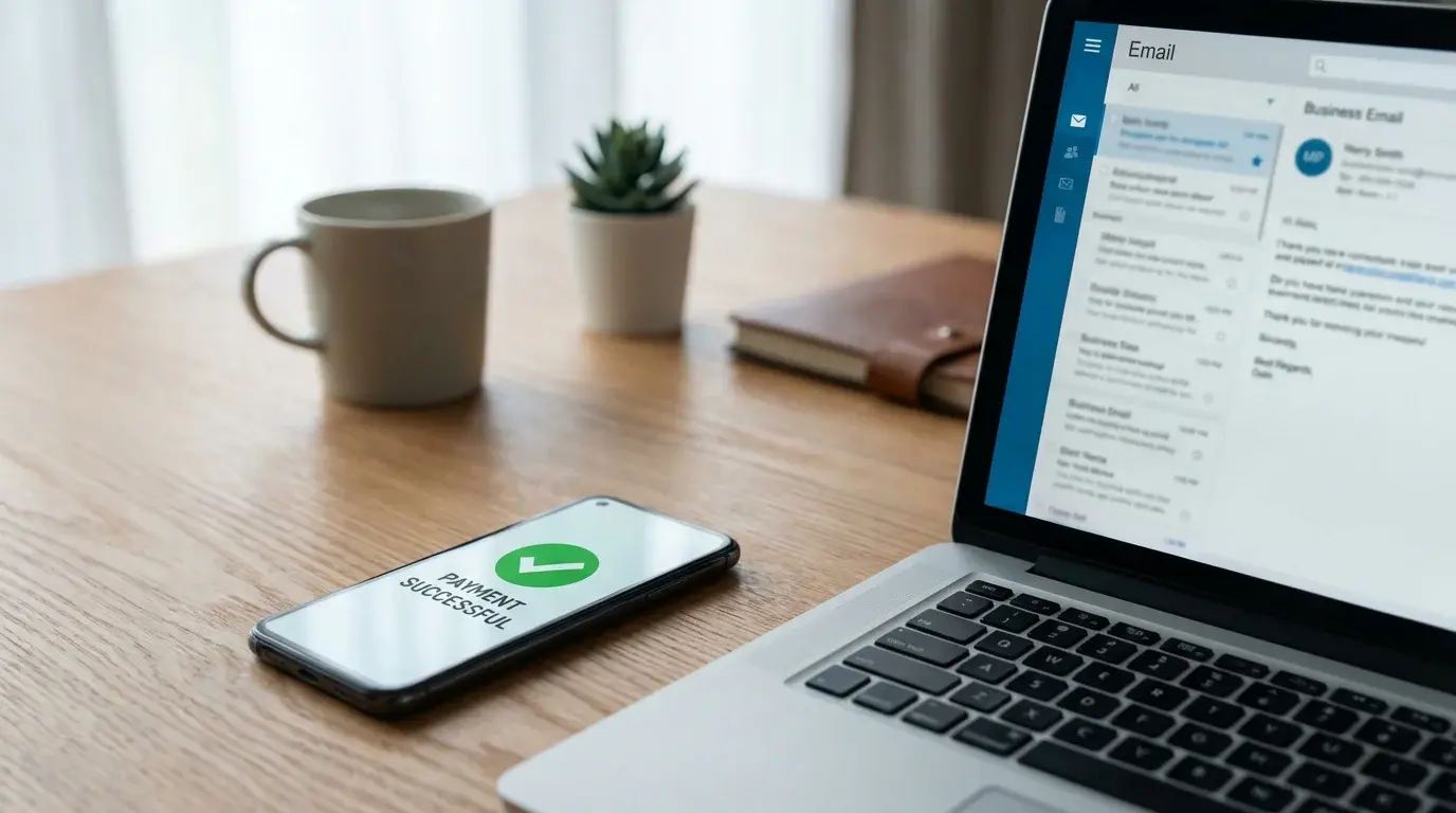 Smartphone with a payment confirmation screen next to a laptop on a tidy desk