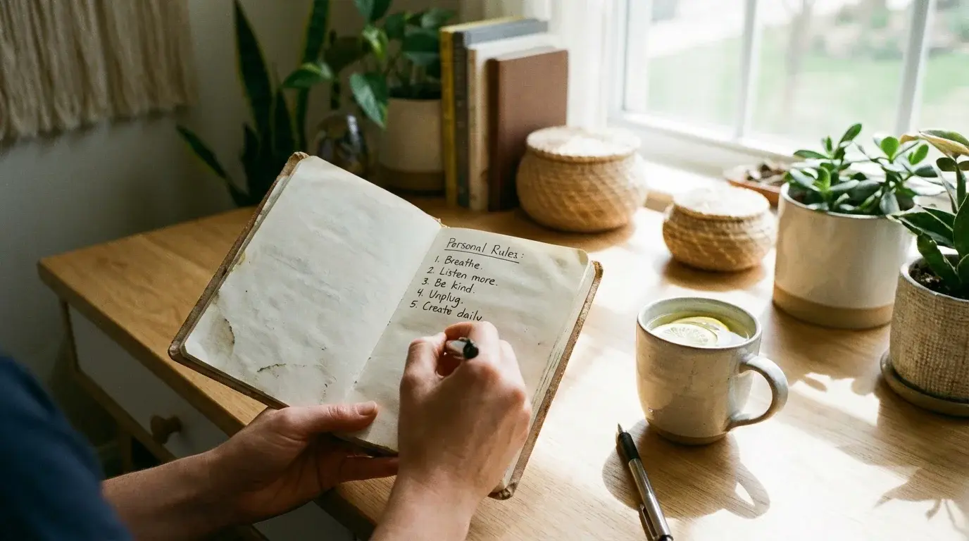 Person writing personal betting rules in a notebook at a calm well-lit desk