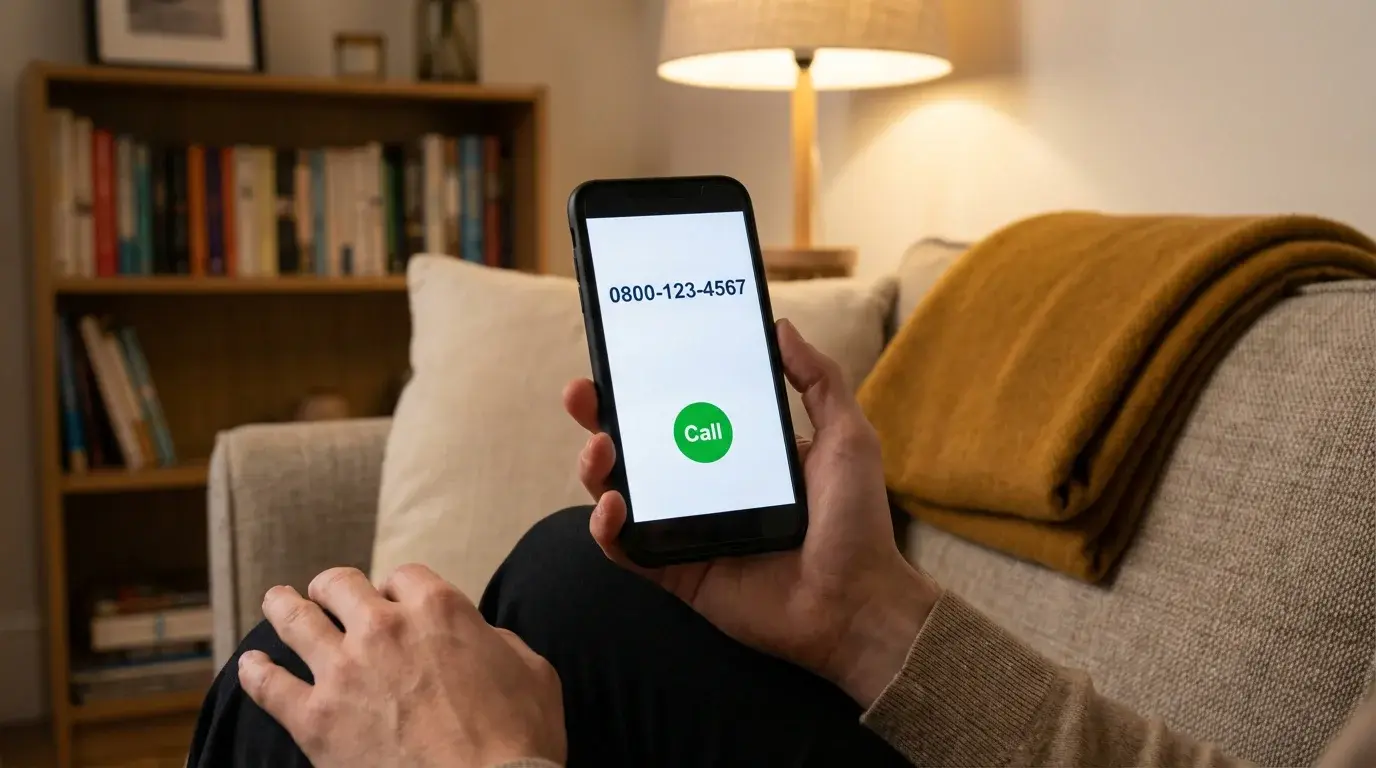 Person holding a phone with a gambling support helpline number on the screen