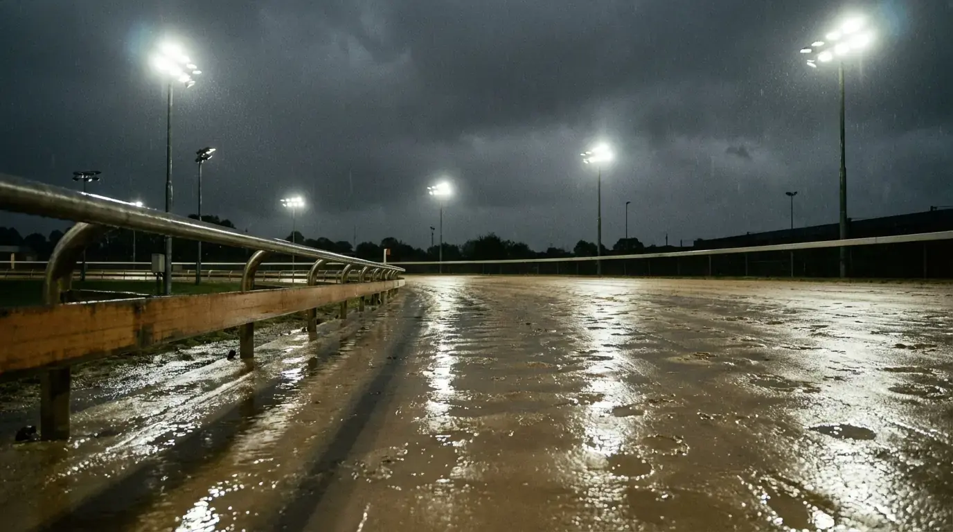 Wet sand greyhound racing track surface glistening under floodlights after rain