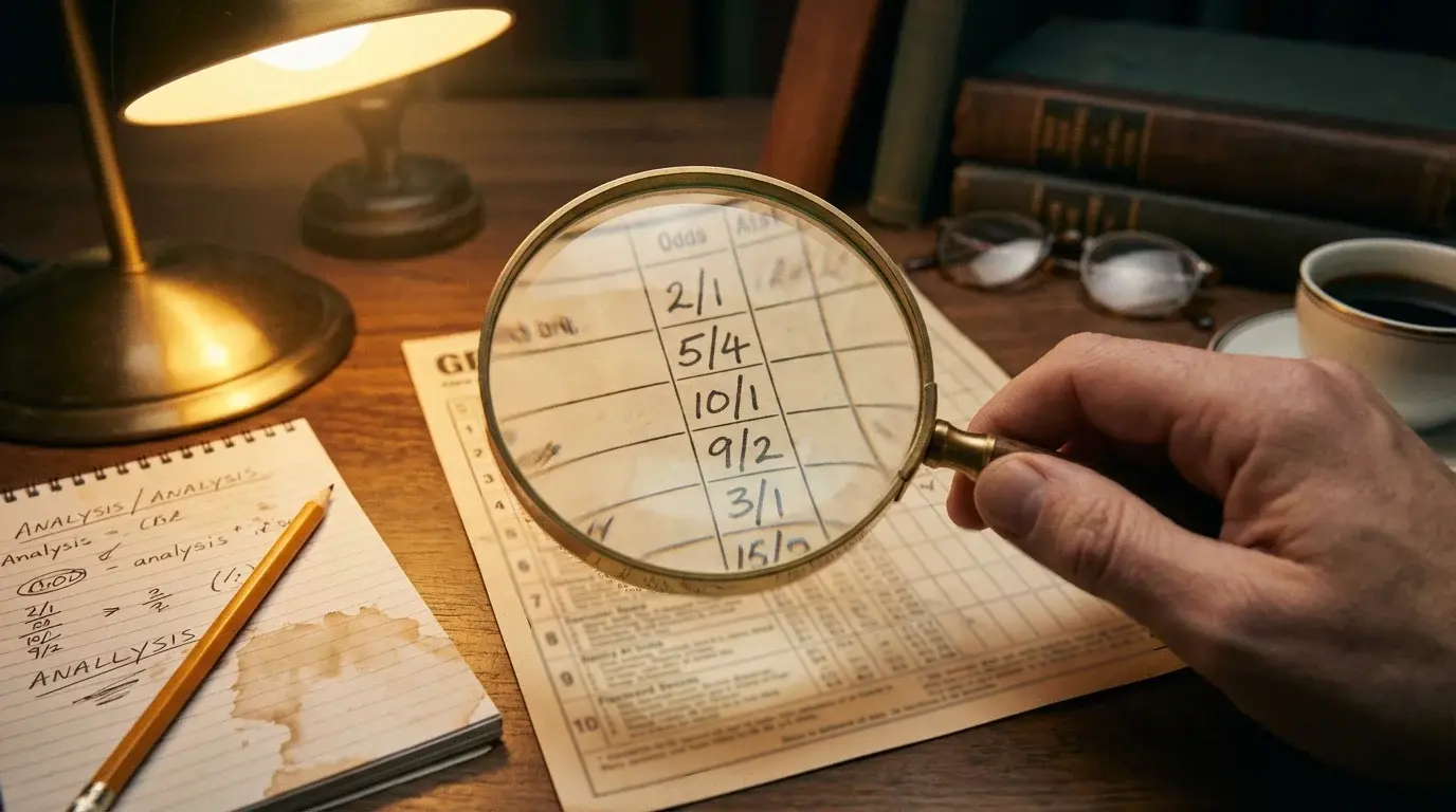 Magnifying glass over a printed greyhound race card highlighting odds on a desk