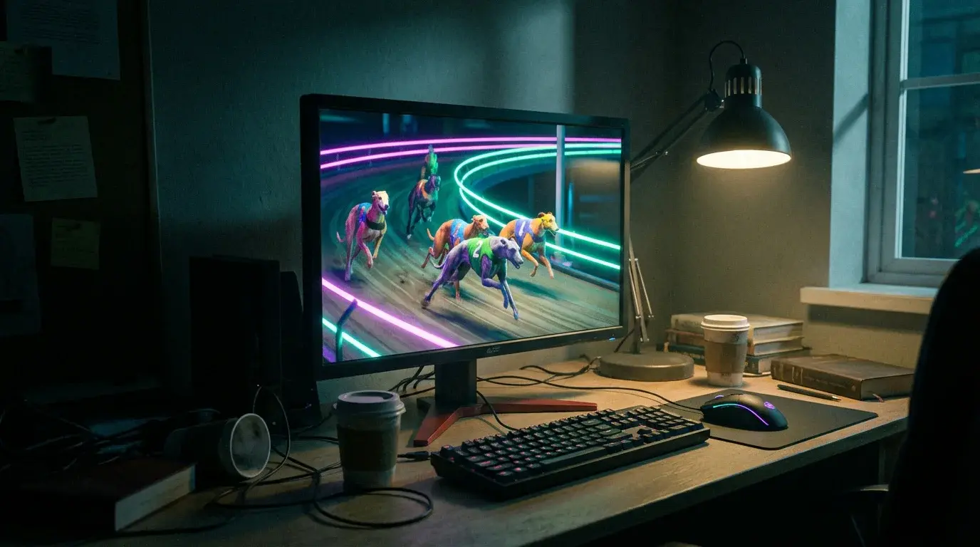 Computer monitor displaying an animated greyhound race on a desk in a dim room